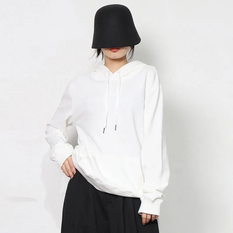 Drawstring Sweatshirt For Women Hooded Collar Long Sleeve Solid Minimalsit Patchwork Pockets Sweatshirts Female