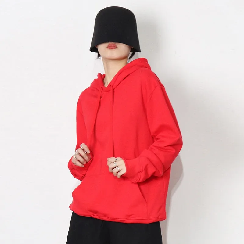 Drawstring Sweatshirt For Women Hooded Collar Long Sleeve Solid Minimalsit Patchwork Pockets Sweatshirts Female