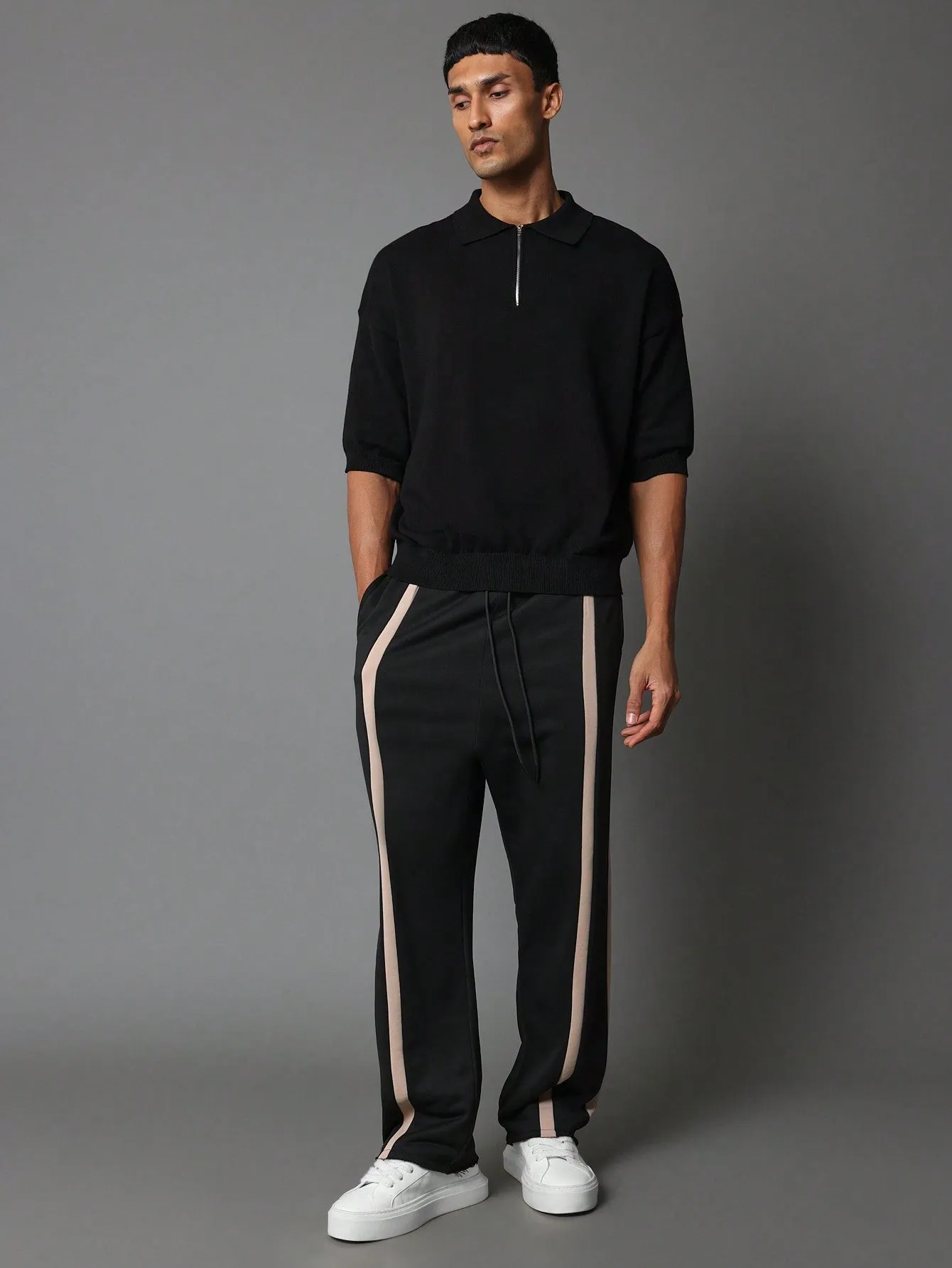 Drop Crotch Raw Edge Sweatpants With Stripe Panels