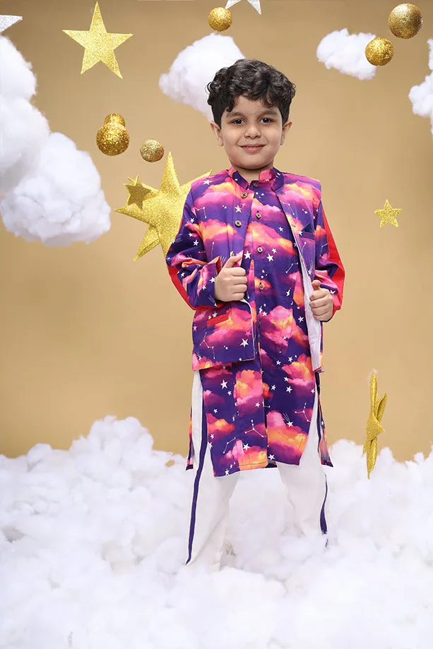 Dusk Is An Illusion Purple Bandi Kurta and Off-White Pants Set for Boys