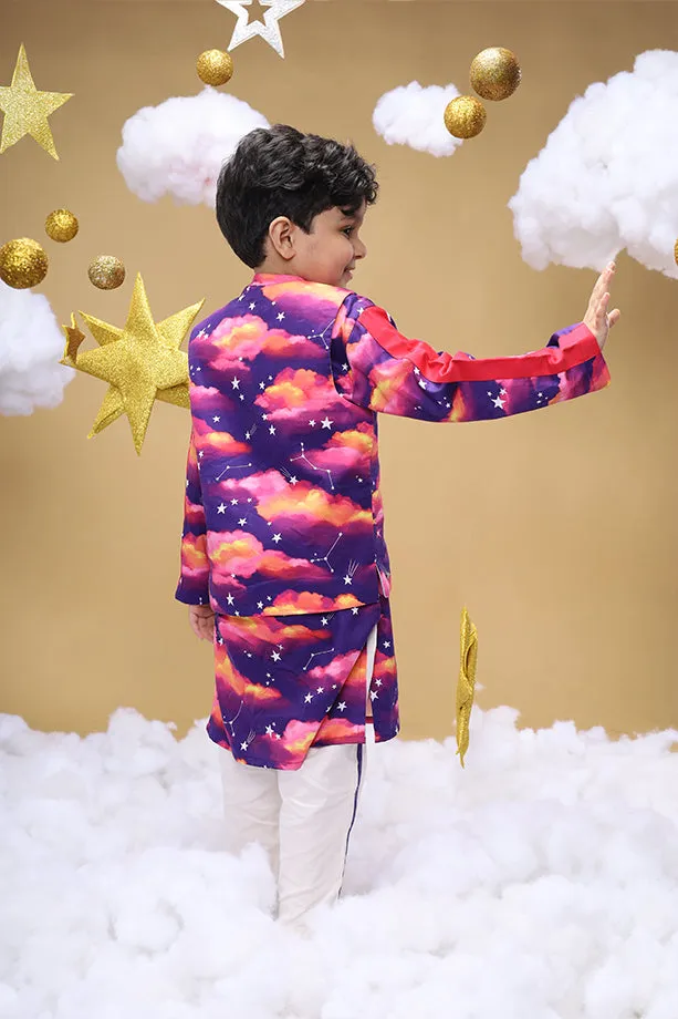 Dusk Is An Illusion Purple Bandi Kurta and Off-White Pants Set for Boys