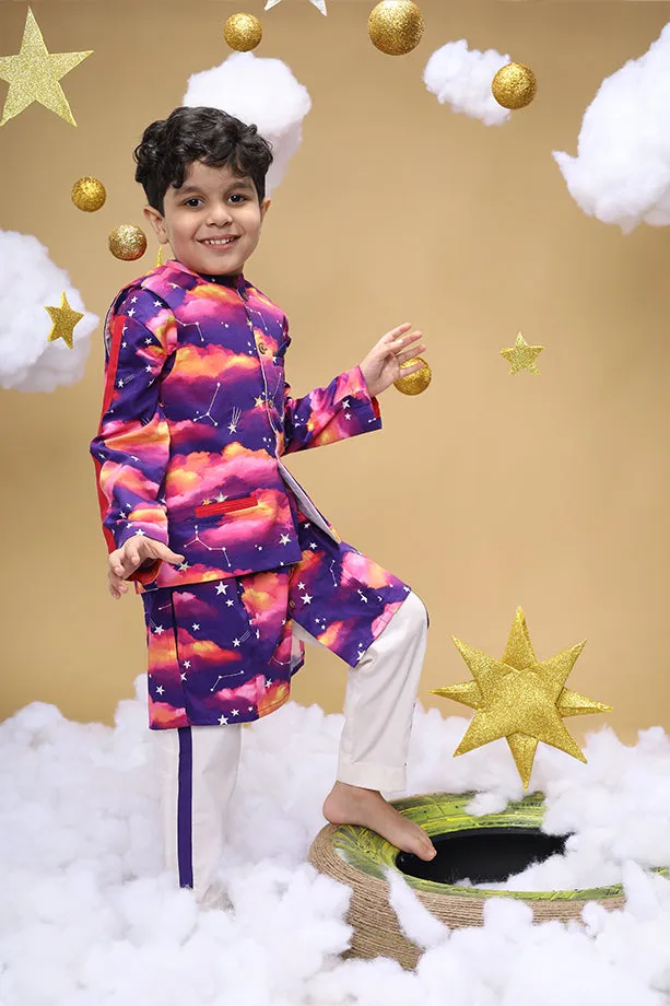 Dusk Is An Illusion Purple Bandi Kurta and Off-White Pants Set for Boys