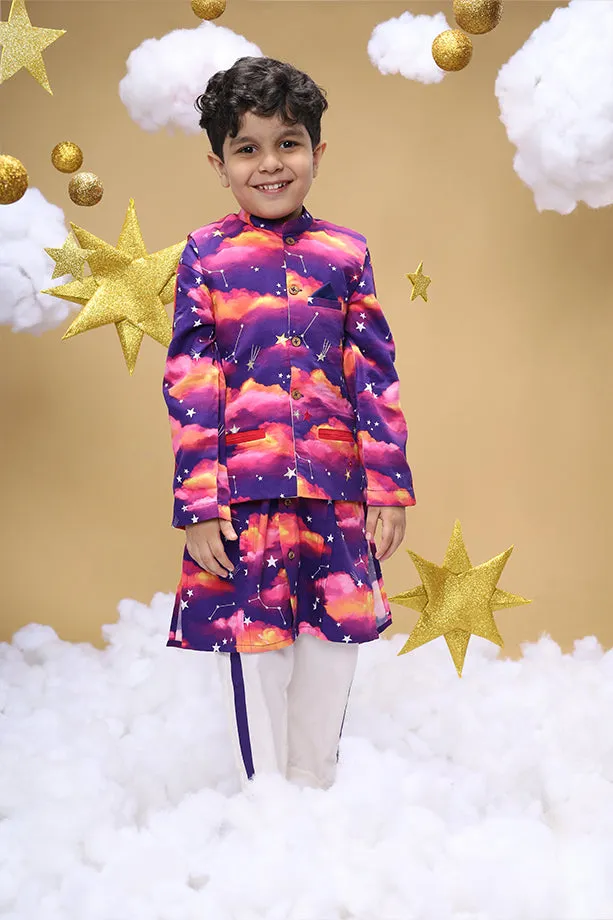 Dusk Is An Illusion Purple Bandi Kurta and Off-White Pants Set for Boys