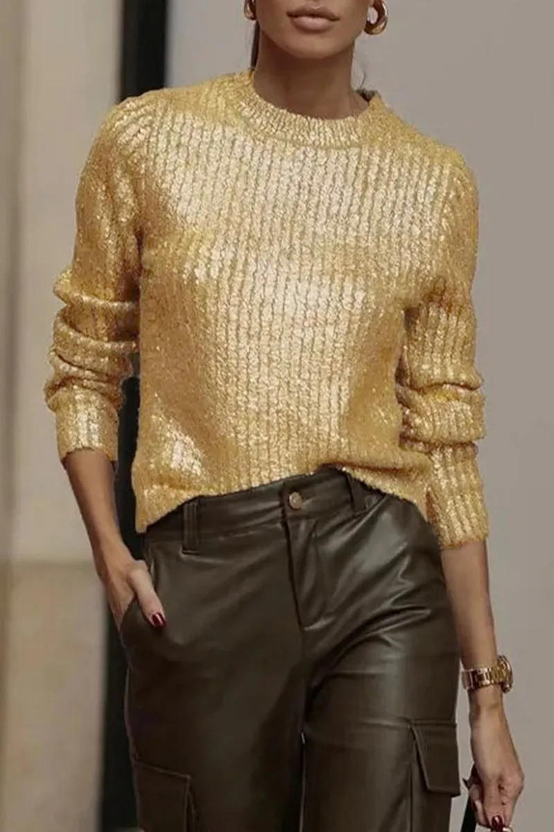 Elegant Solid Sequined O Neck Tops