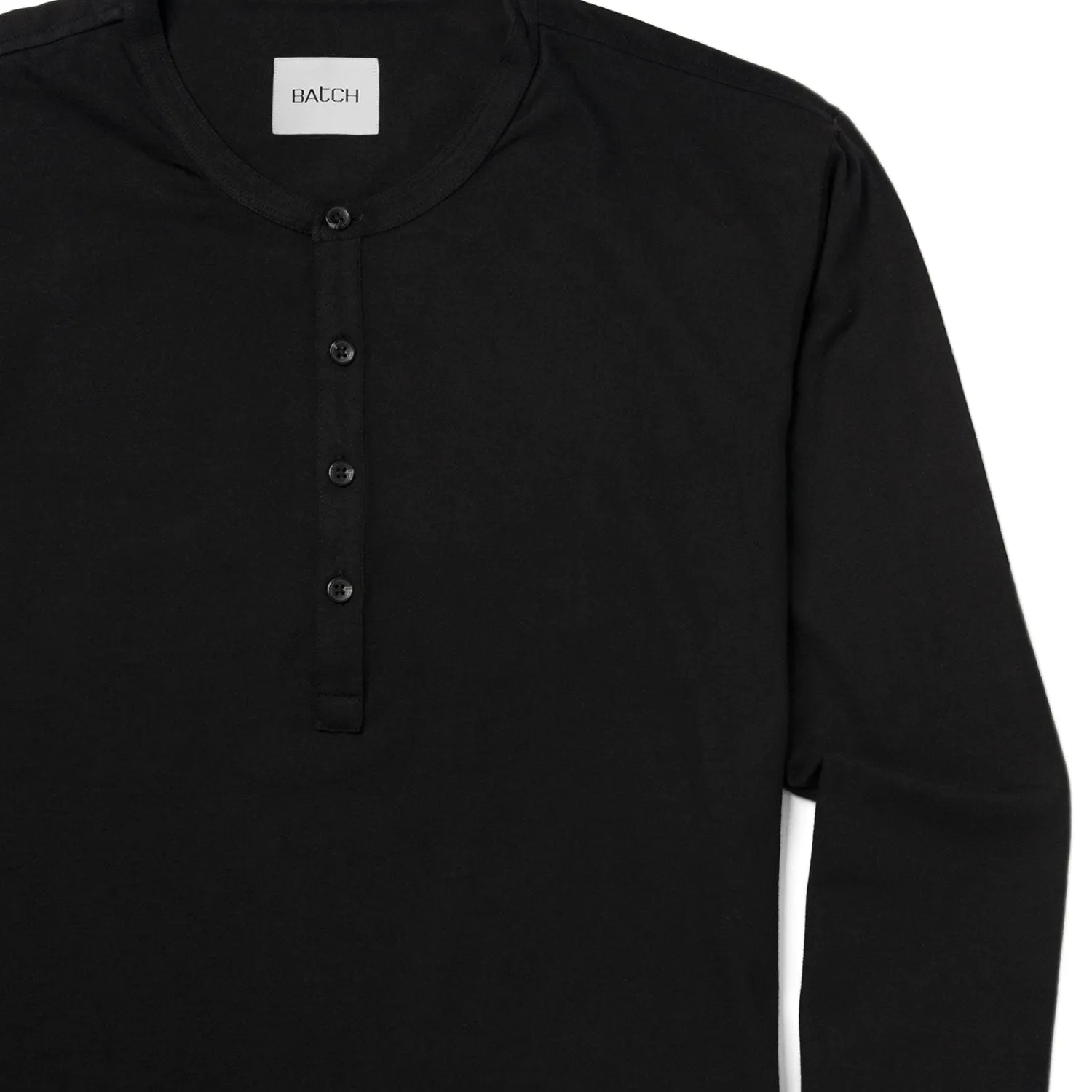 Essential Curved Hem Henley –  Black Cotton Jersey