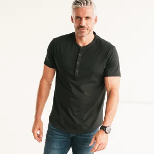 Essential Short Sleeve Curved Hem Henley –  Black Cotton Jersey