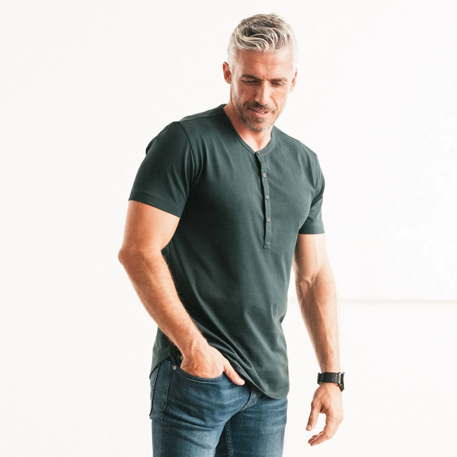 Essential Short Sleeve Curved Hem Henley –  Evergreen Cotton Jersey