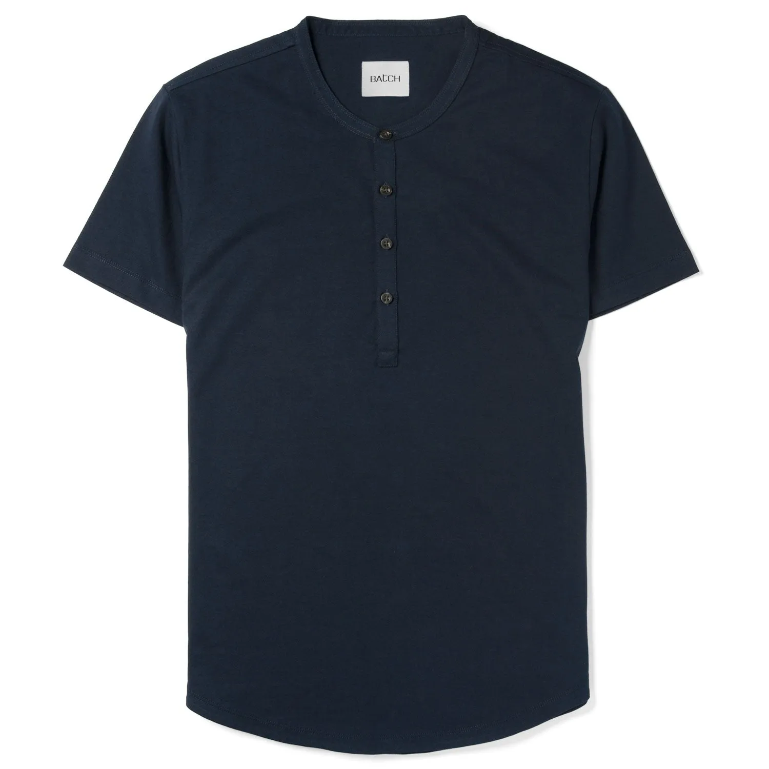 Essential Short Sleeve Curved Hem Henley –  Navy Cotton Jersey