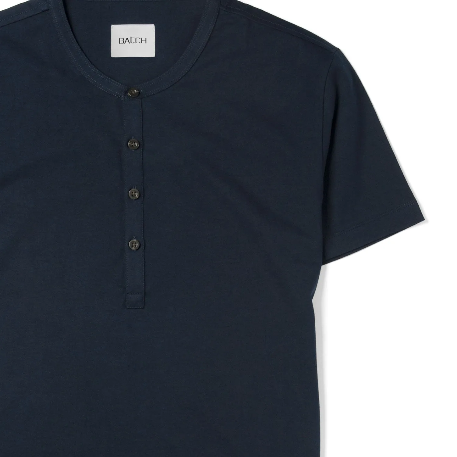 Essential Short Sleeve Curved Hem Henley –  Navy Cotton Jersey