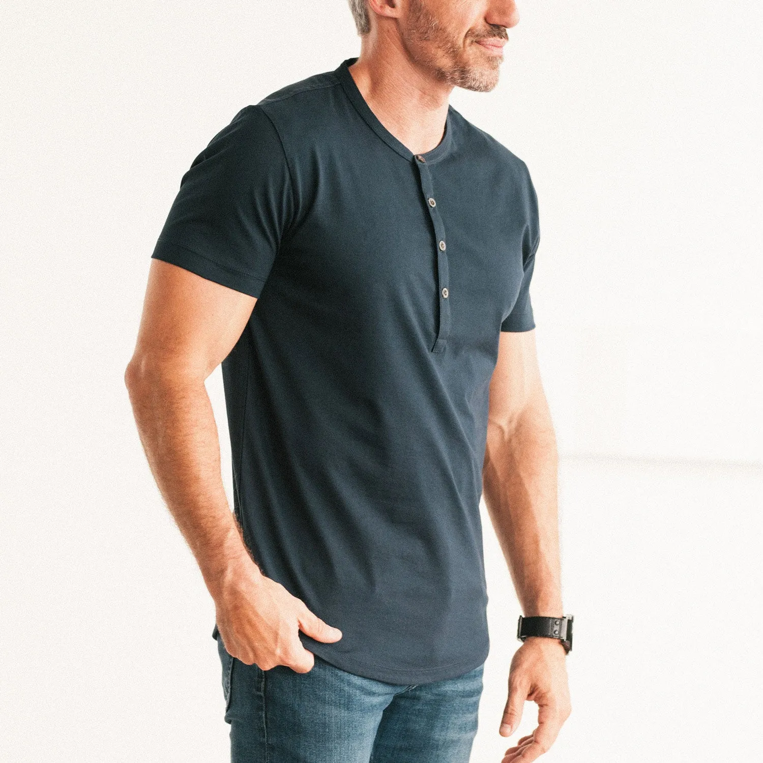 Essential Short Sleeve Curved Hem Henley –  Navy Cotton Jersey