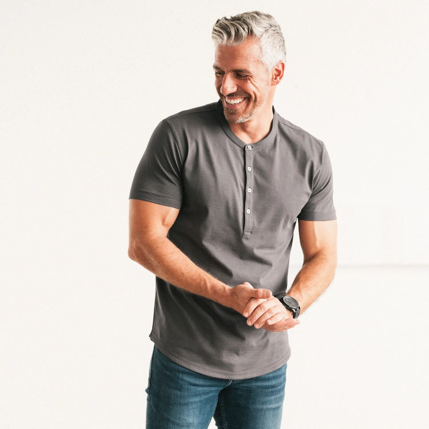 Essential Short Sleeve Curved Hem Henley –  Slate Gray Cotton Jersey