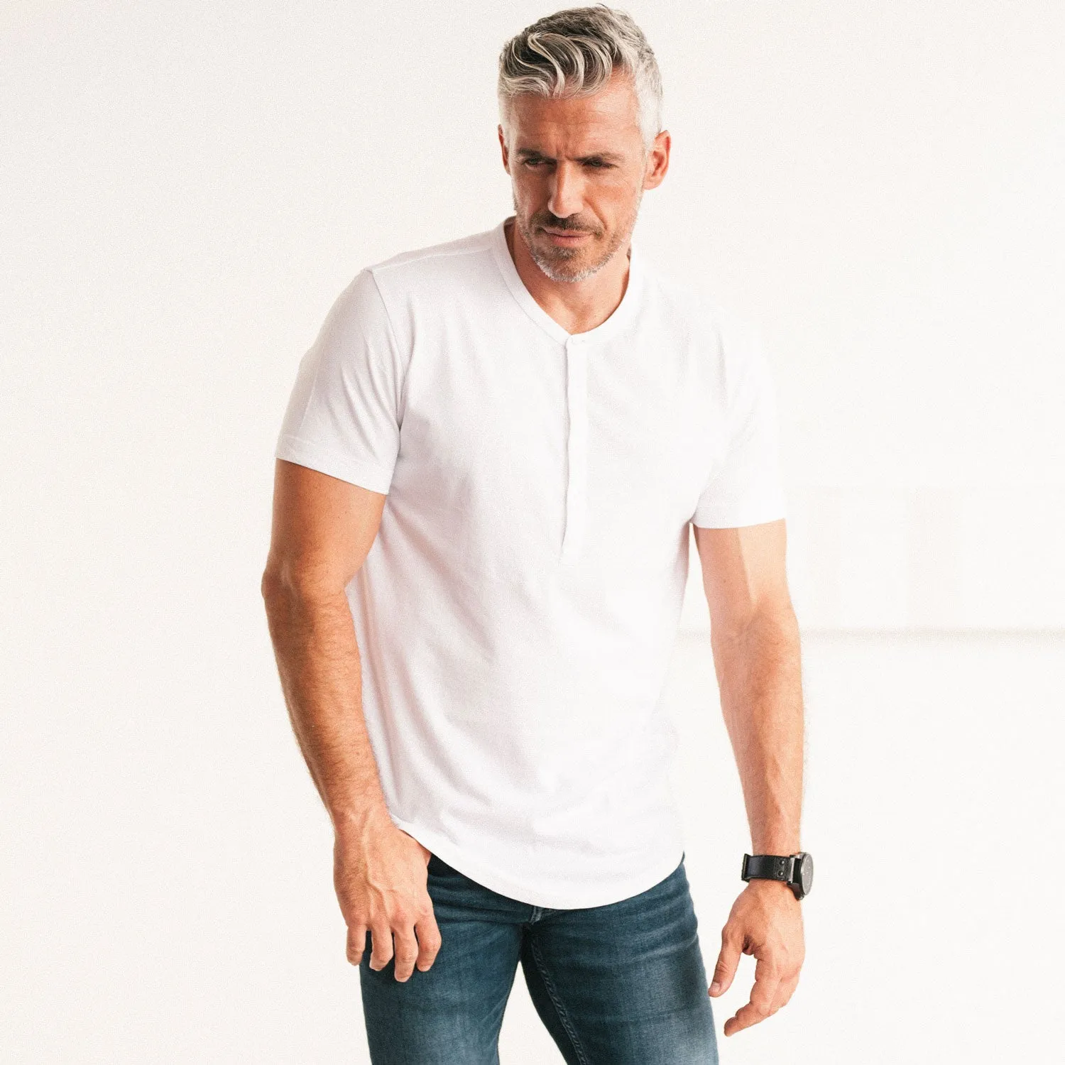 Essential Short Sleeve Curved Hem Henley –  White Cotton Jersey