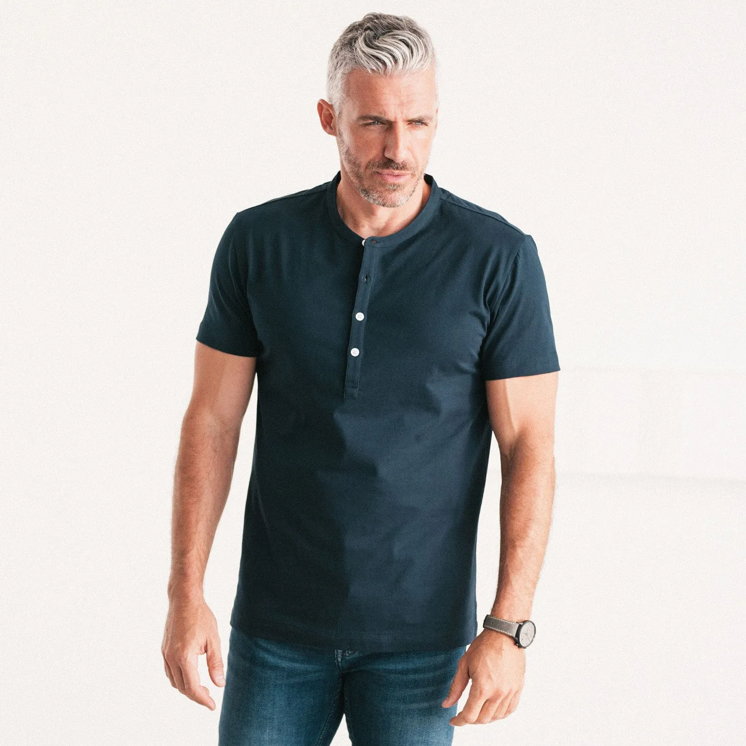 Essential WB Short Sleeve Henley Shirt –  Navy Cotton Jersey