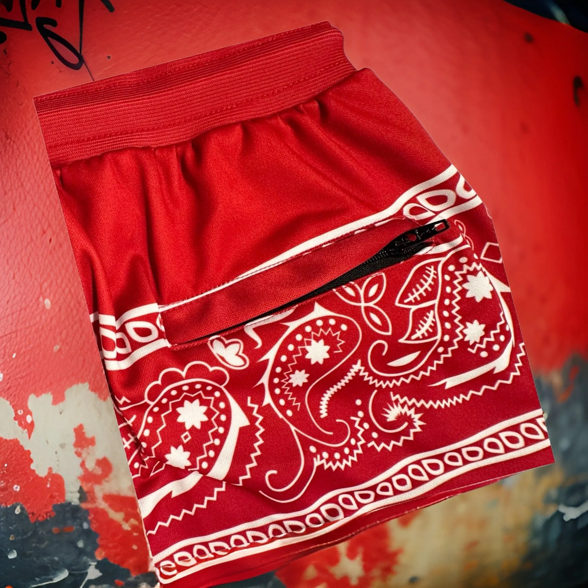 *FLIGHT 23* RED BANDANA / PAISLEY JOGGER SWEATPANTS (FLEECE LINED & BACK ZIP POCKET)