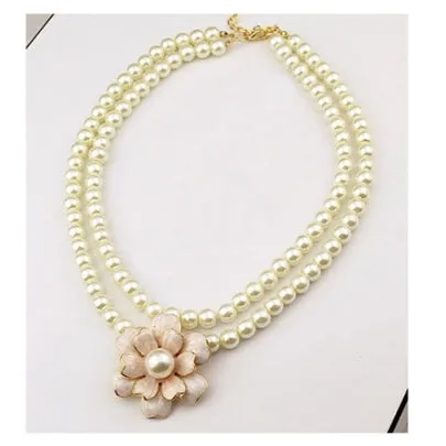 Flower Pendant Women's Necklace Double Layers Pearl