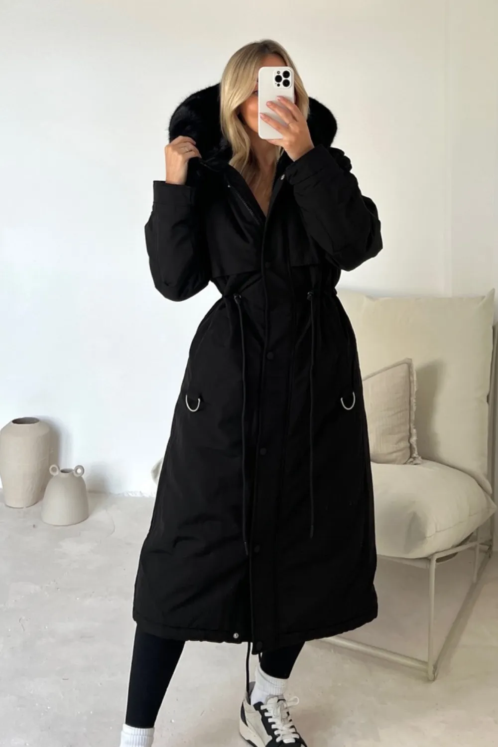 Freya black hooded faux fur duvet coat