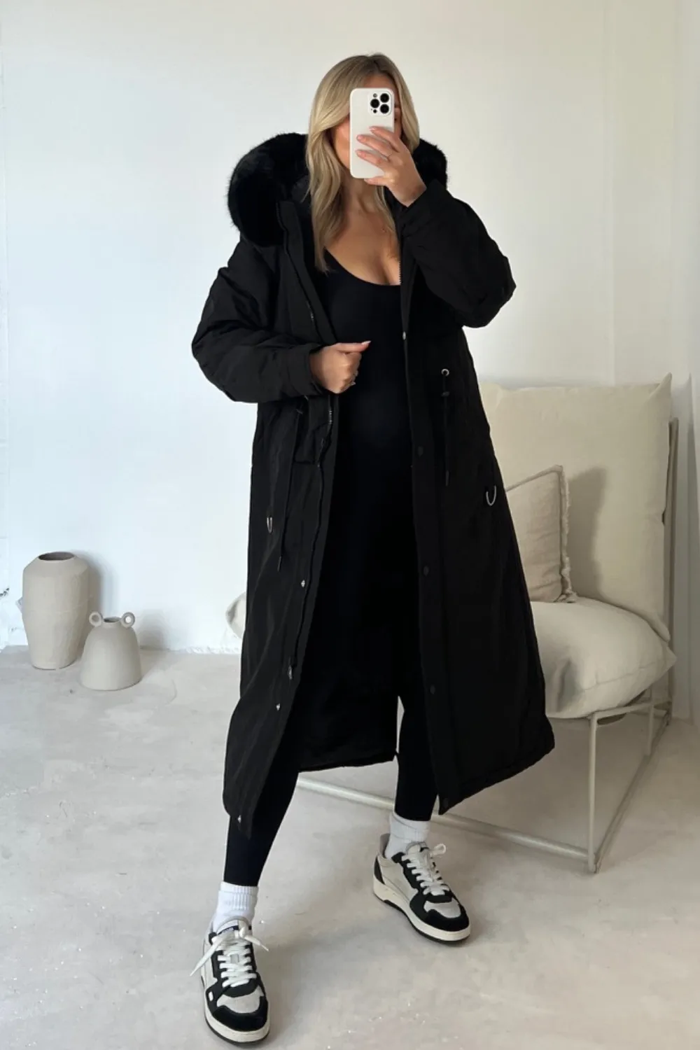 Freya black hooded faux fur duvet coat