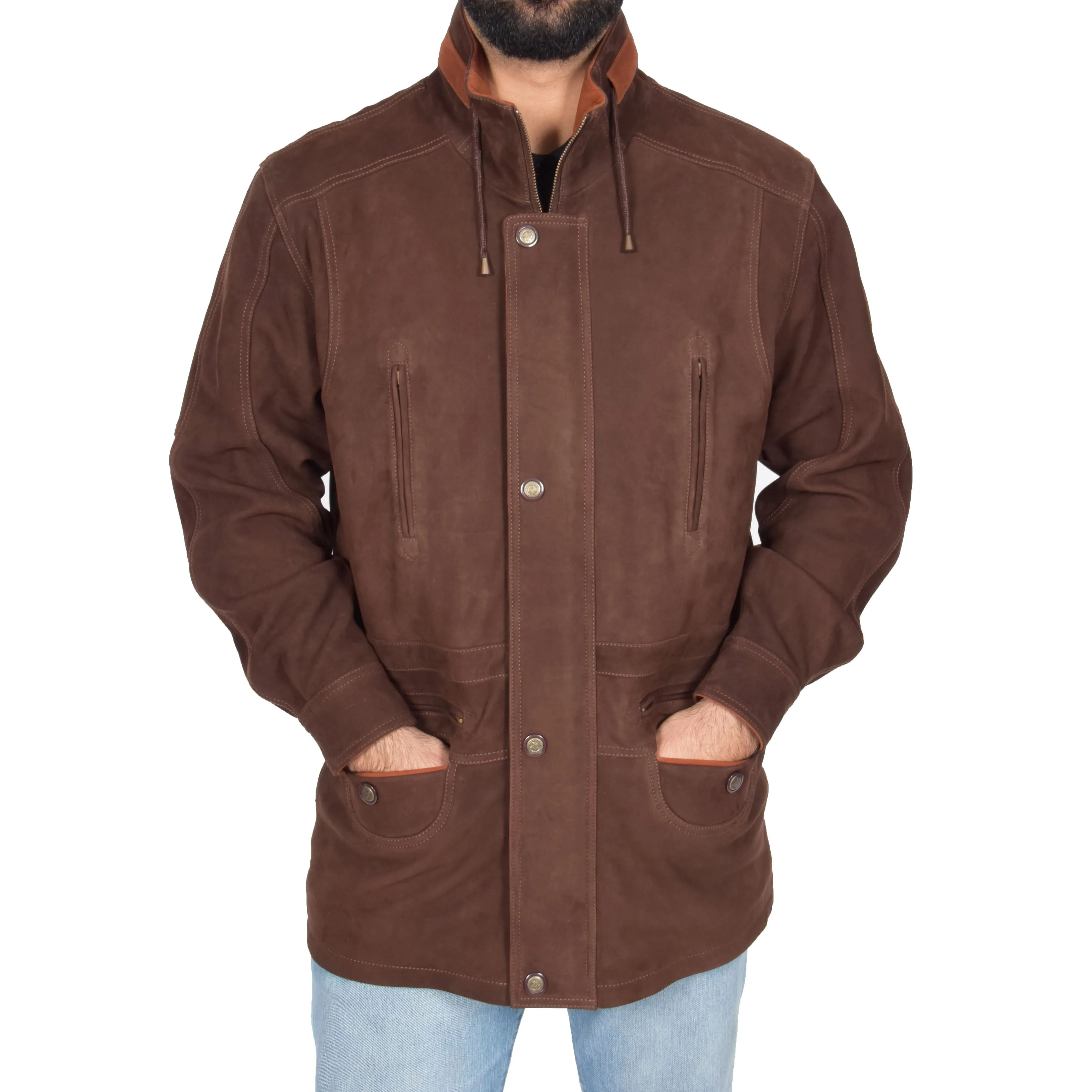 Gents Nubuck Leather Parka Coat Henry Brown