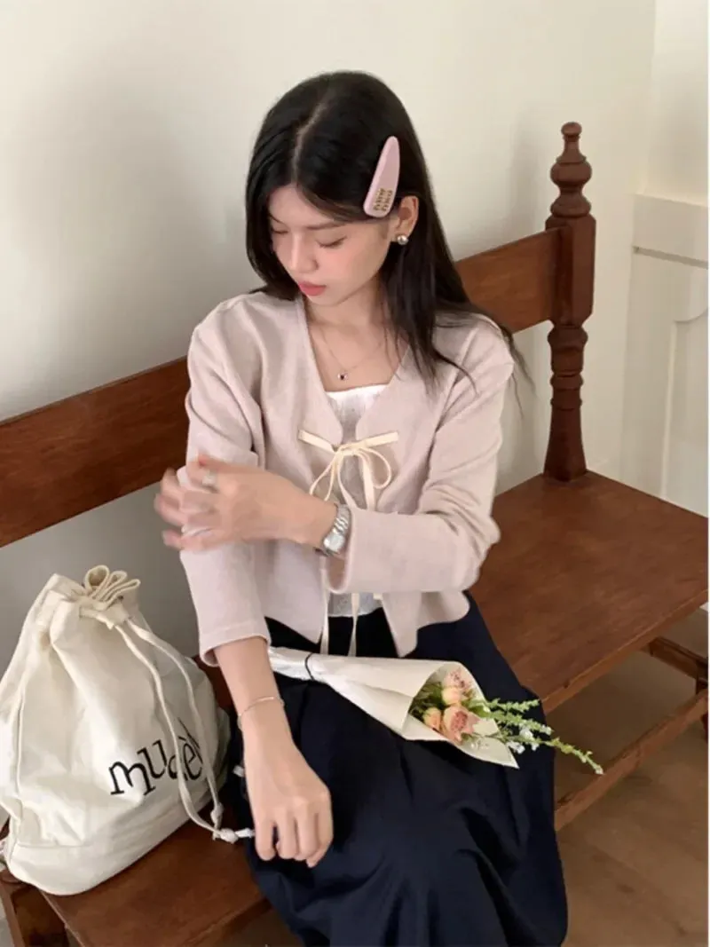 Girlary V Neck Lace Up Bow Cardigans Femme Gentle Y2k Sweater Spring New Womens Clothing Full Sleeve Crop Knitwears Tops