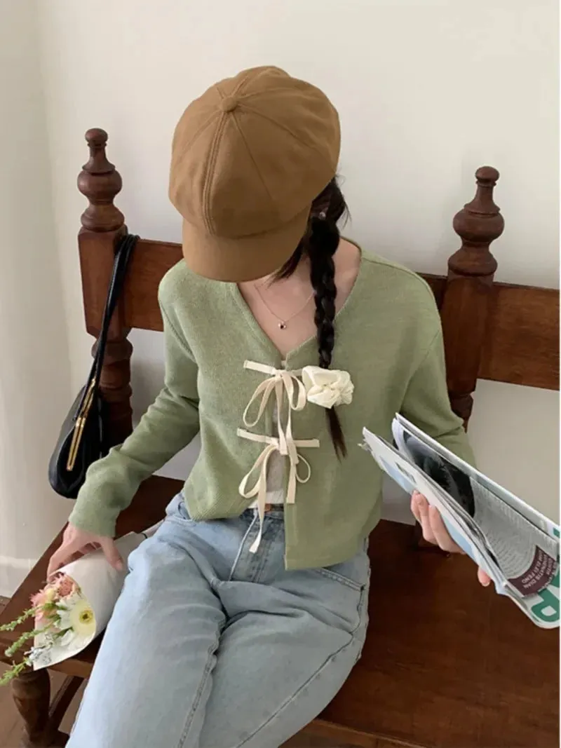 Girlary V Neck Lace Up Bow Cardigans Femme Gentle Y2k Sweater Spring New Womens Clothing Full Sleeve Crop Knitwears Tops