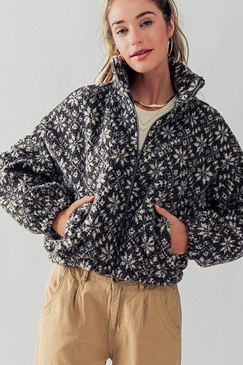 Grey Sherpa Fleece Snow Flake Pattern Jacket