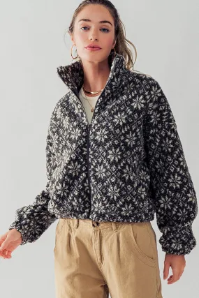 Grey Sherpa Fleece Snow Flake Pattern Jacket