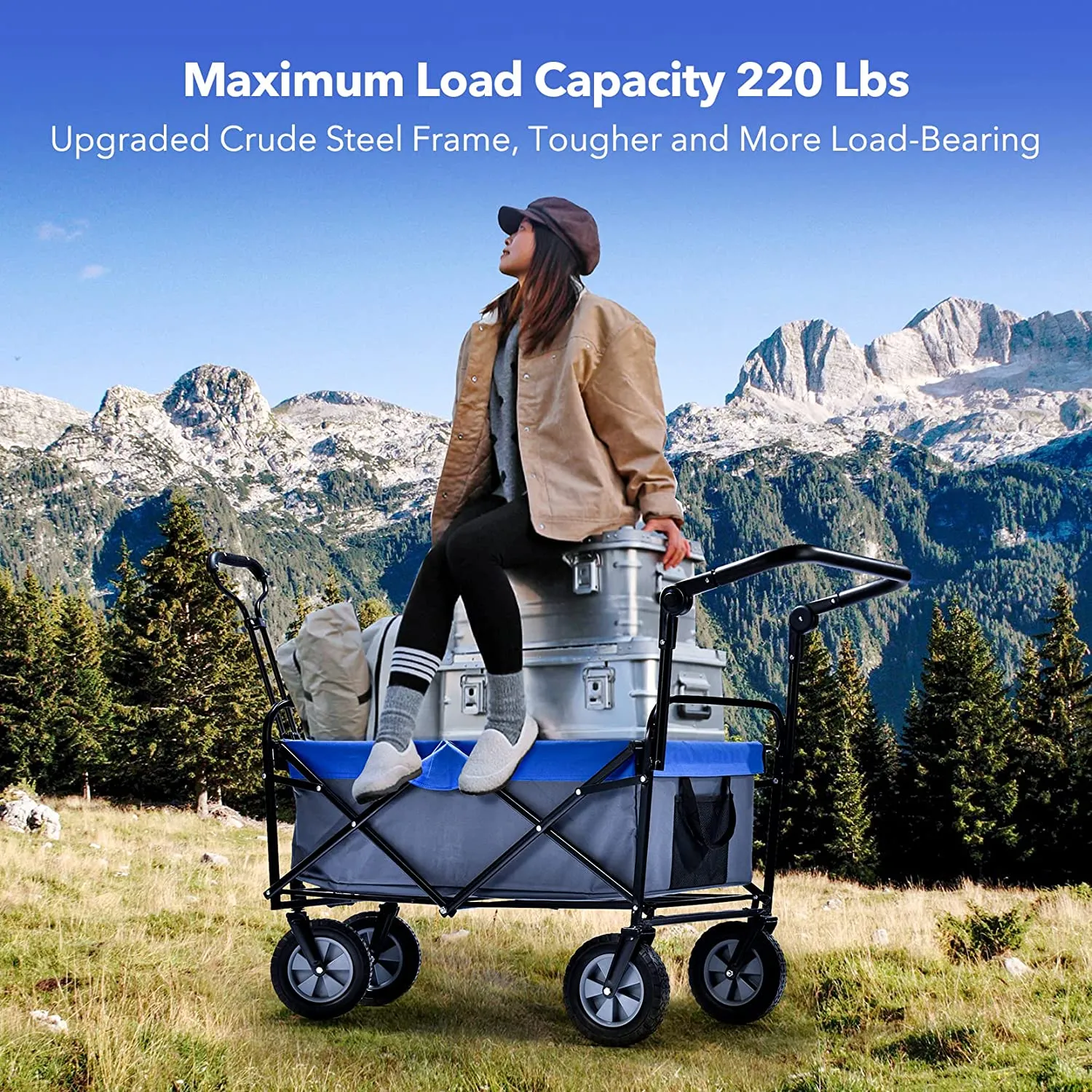 Heavy Duty Foldable Wagon Cart: Portable Utility Collapsible Wagon, All Terrain Wheels, 100L, 220 lbs