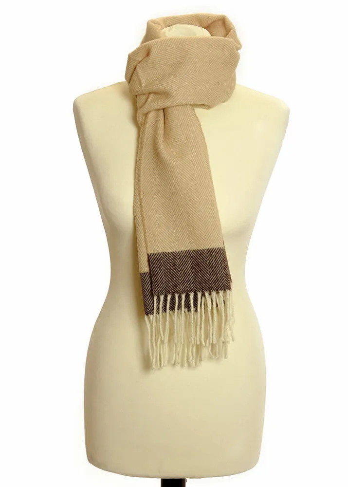 Herringbone Lambswool Fringe Made In England Scarf | Light Fawn Color