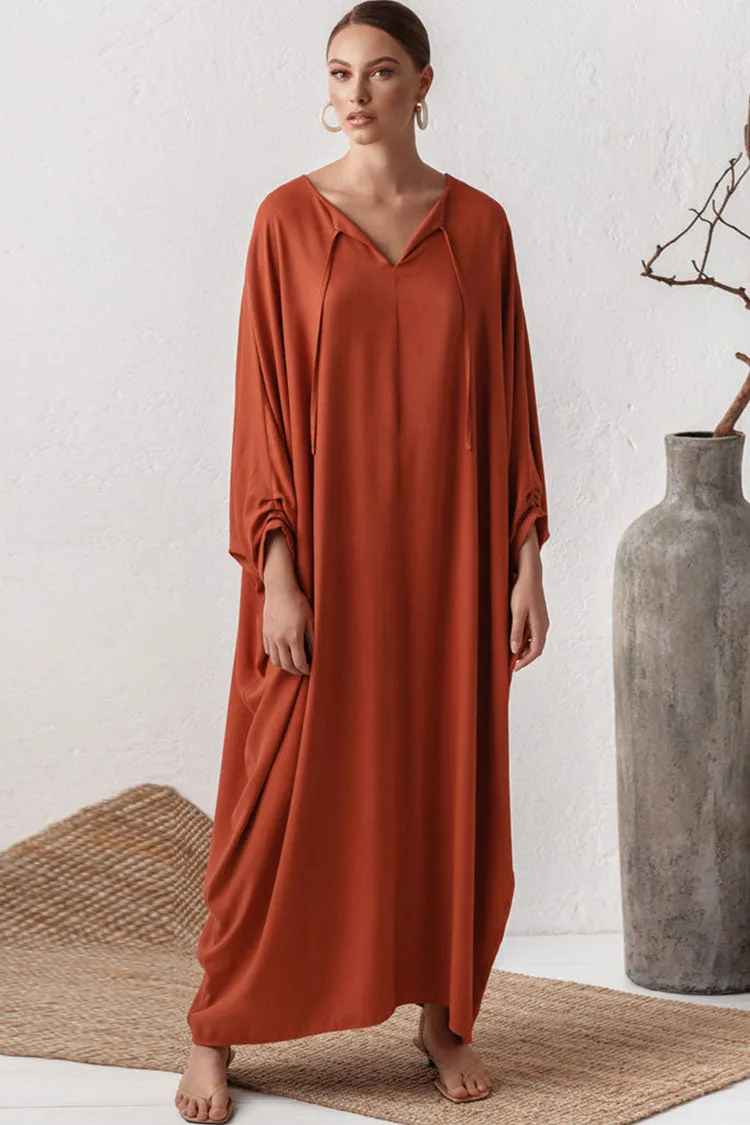 High Slit Batwing Sleeve Deep V Kaftan Cover Up Dress