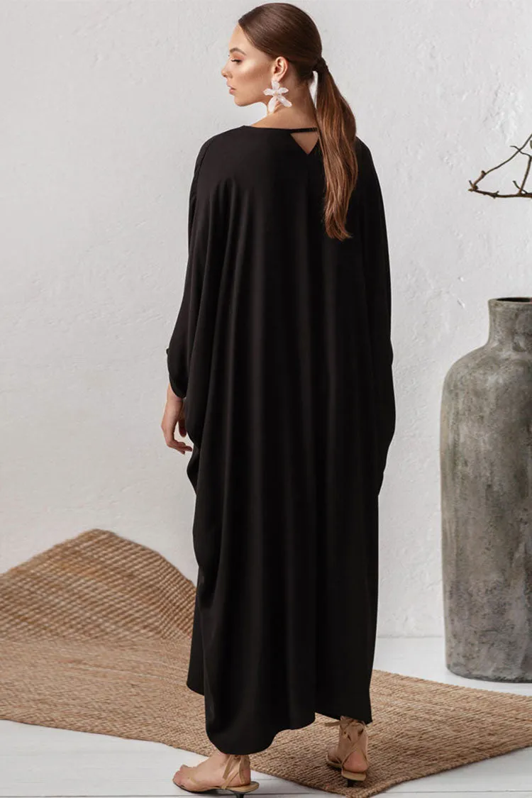 High Slit Batwing Sleeve Deep V Kaftan Cover Up Dress