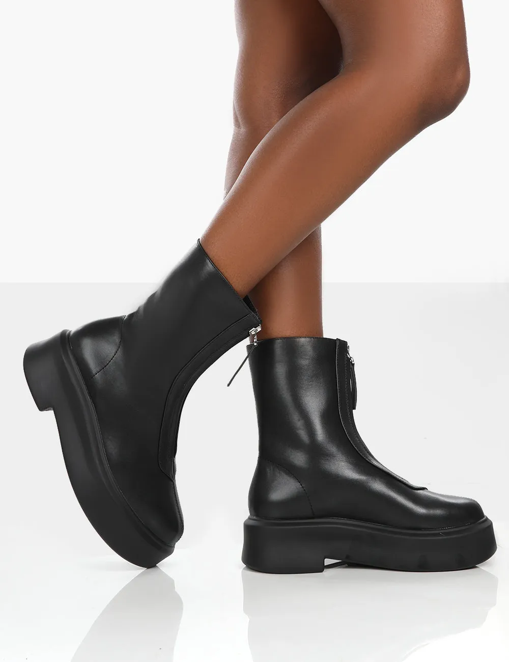 Indigo Black PU Platform Chunky Sole Zip Through Ankle Boot