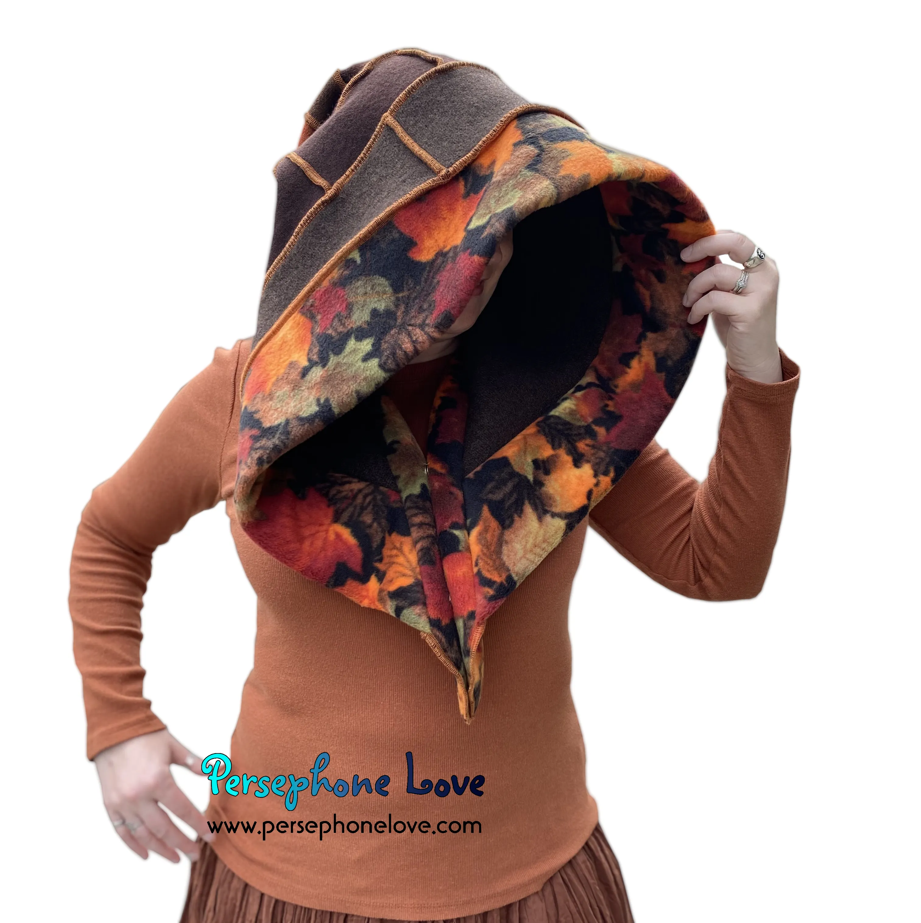 Katwise inspired autumn leaves felted 100% cashmere recycled sweater elf hat/hood-1620