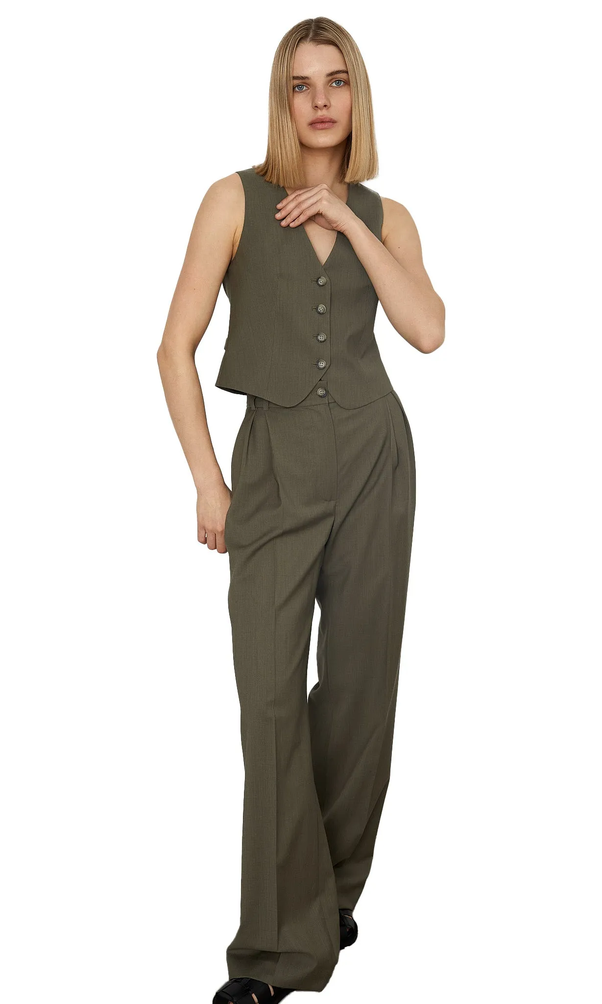 KHAKI WOOL WIDE-LEG PANTS