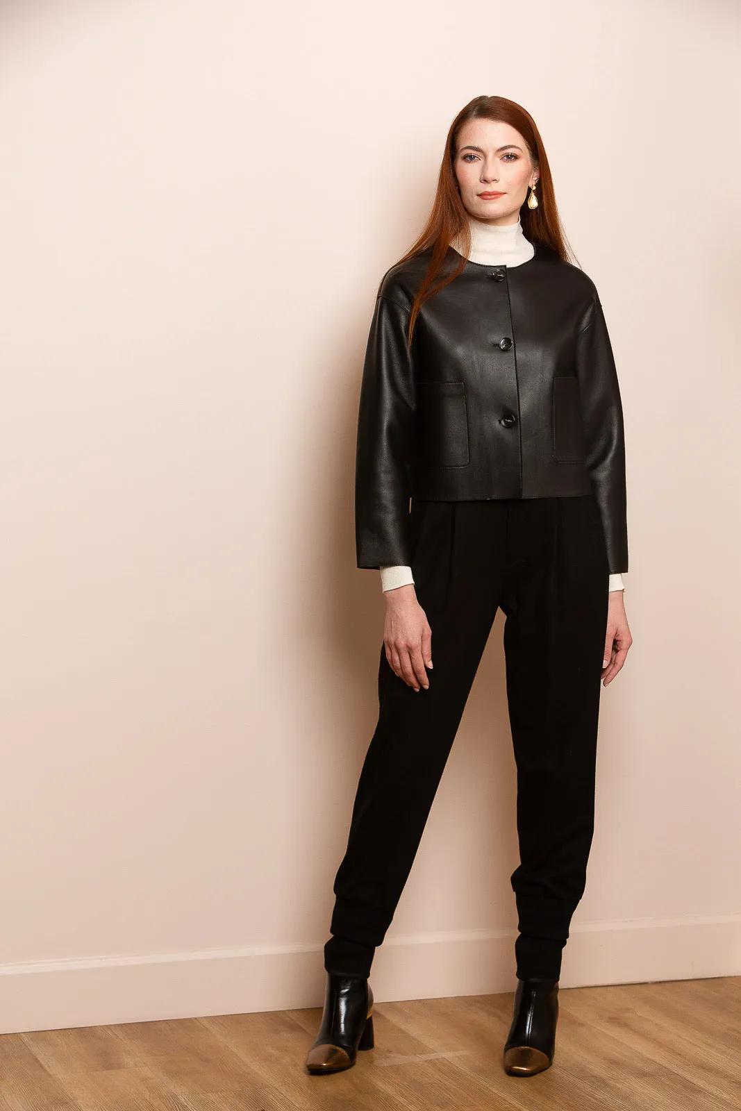 Lambskin Short Jacket with Bonded Lining in Black