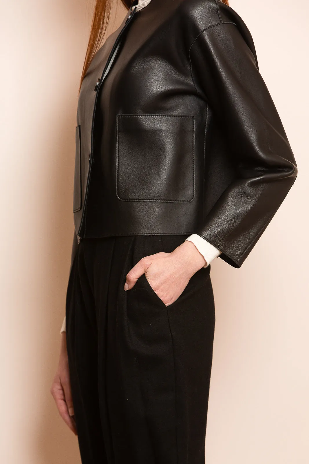 Lambskin Short Jacket with Bonded Lining in Black