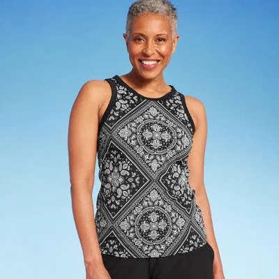 Lands' End Women's UPF 50 Bandana Print High Neck Tankini Top - Black L