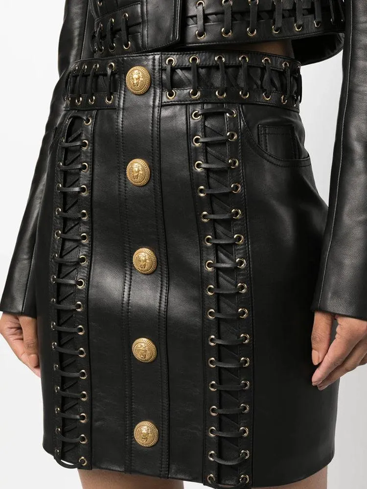 Lona Double Pocket Leather Jackett   Eyelet Embellished Buttoned Leather Mini Skirt Set