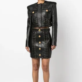 Lona Double Pocket Leather Jackett   Eyelet Embellished Buttoned Leather Mini Skirt Set