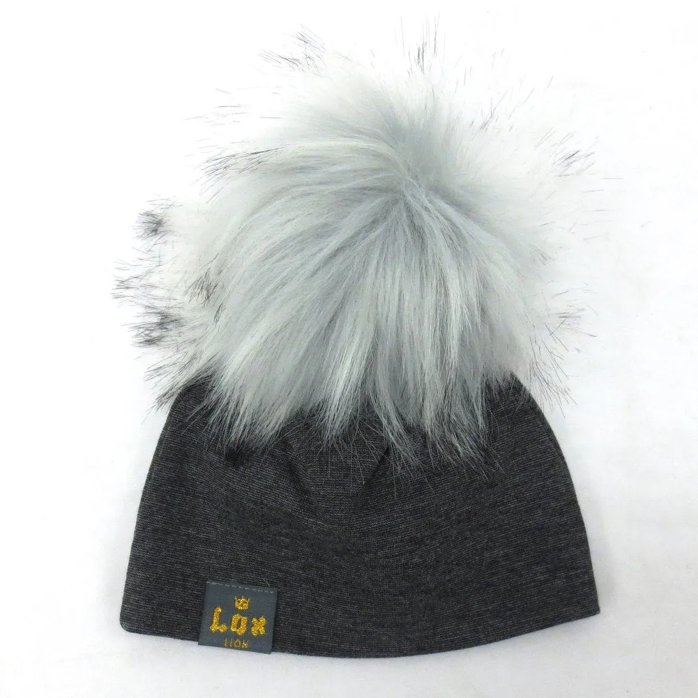 Lox Lion Single Pom Pom Bamboo Beanie -  Grey with Grey Pom Poms (XS, 0-3 Months)