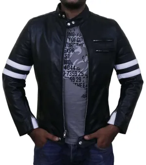 Men Genuine Lambskin Black Leather White Stripped Jacket Slim fit Biker Motorcycle Design jacket