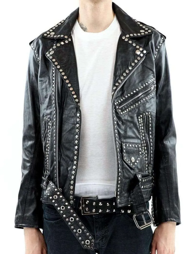 Men Silver Studded Jacket Black Punk Silver Spiked Leather Belted Biker Jacket