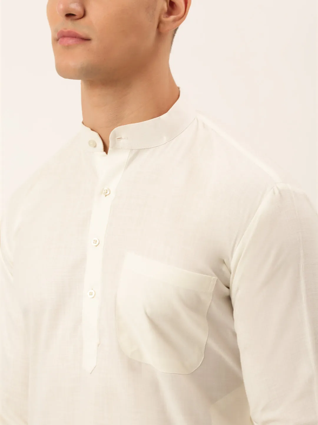 Men White Cotton Blend Kurta with Pyjamas & Green Embroidered Nehru Jacket