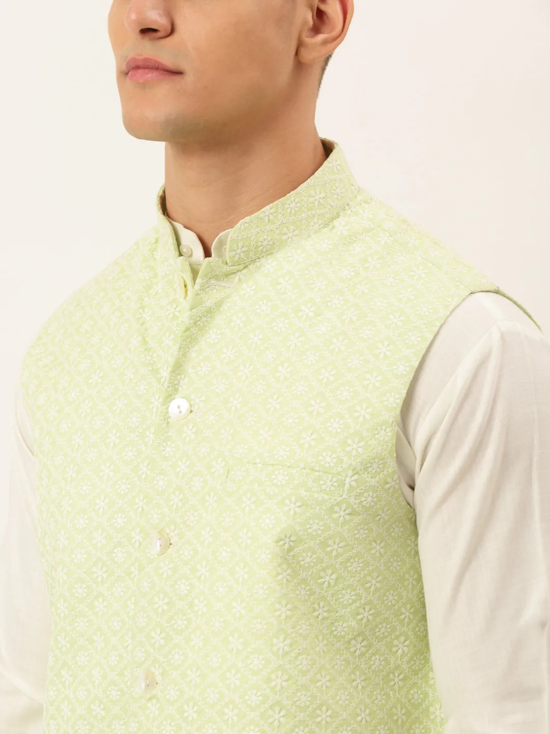 Men White Cotton Blend Kurta with Pyjamas & Green Embroidered Nehru Jacket