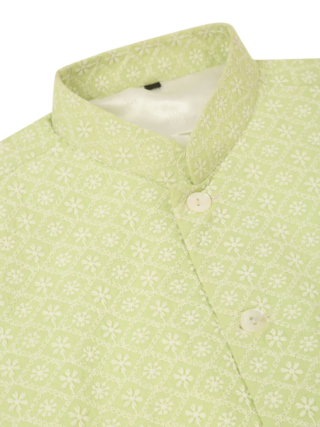 Men White Cotton Blend Kurta with Pyjamas & Green Embroidered Nehru Jacket