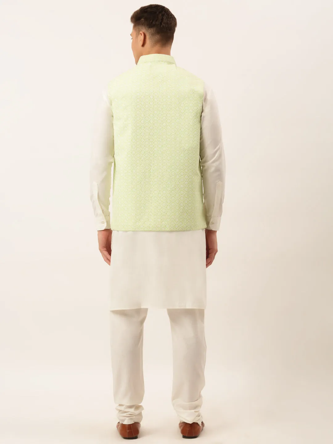 Men White Cotton Blend Kurta with Pyjamas & Green Embroidered Nehru Jacket