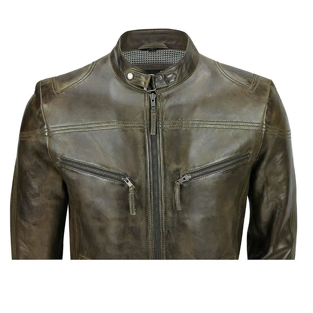 Men's Cafe Racer Biker Club Blackish Distressed 100% cowhide Leather Jacket