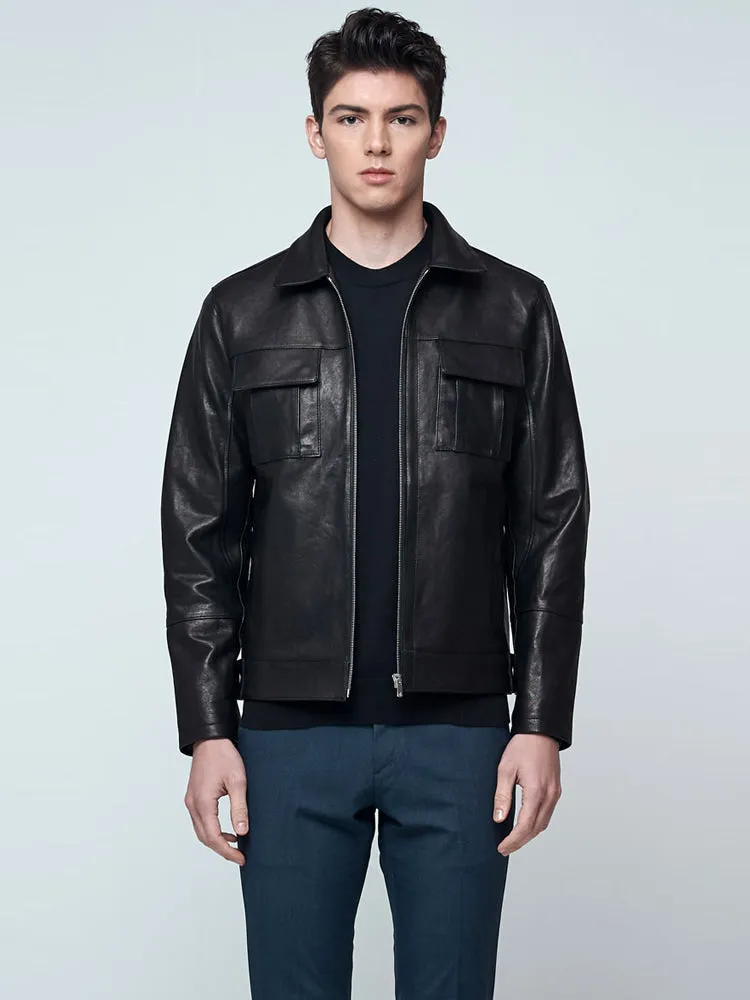 Men's double pocket  Leather jacket black