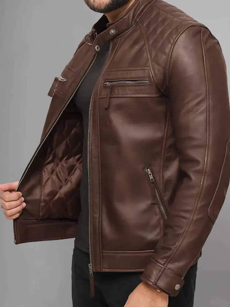 Mens Genuine Leather Stand Collar Motorcycle Jacket