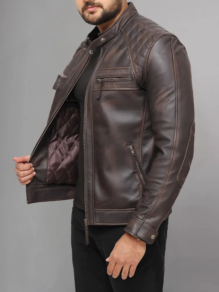 Mens Genuine Leather Stand Collar Motorcycle Jacket