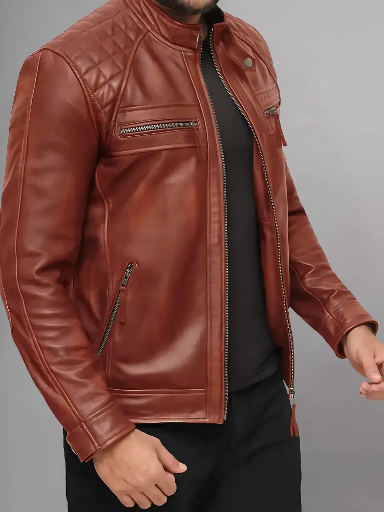 Mens Genuine Leather Stand Collar Motorcycle Jacket